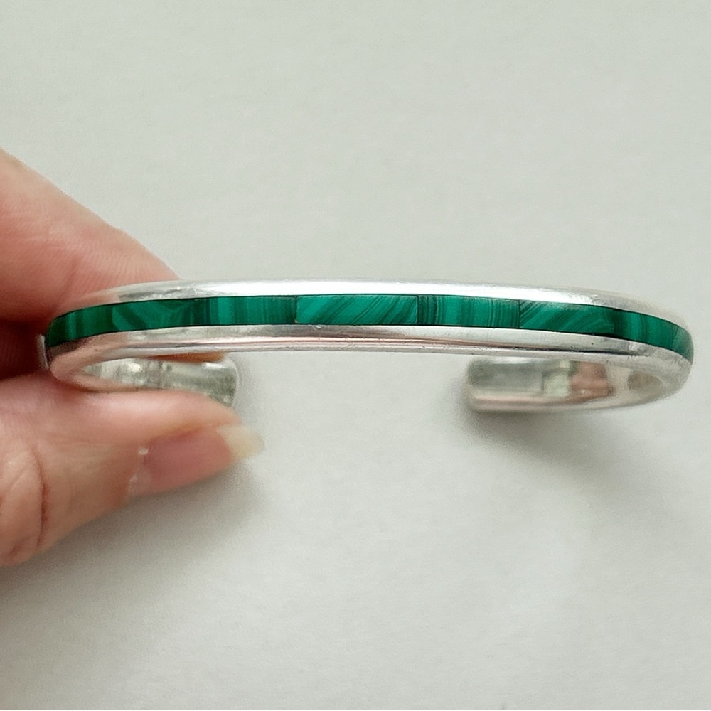 Vintage Kirk Smith Navajo Malachite Inlay Sterling Silver Cuff Bracelet - Picture 10 of 13